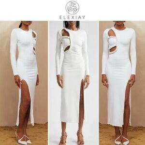 Elexiay Tife Cut Out Hight Slit White Dress sz XS 325
